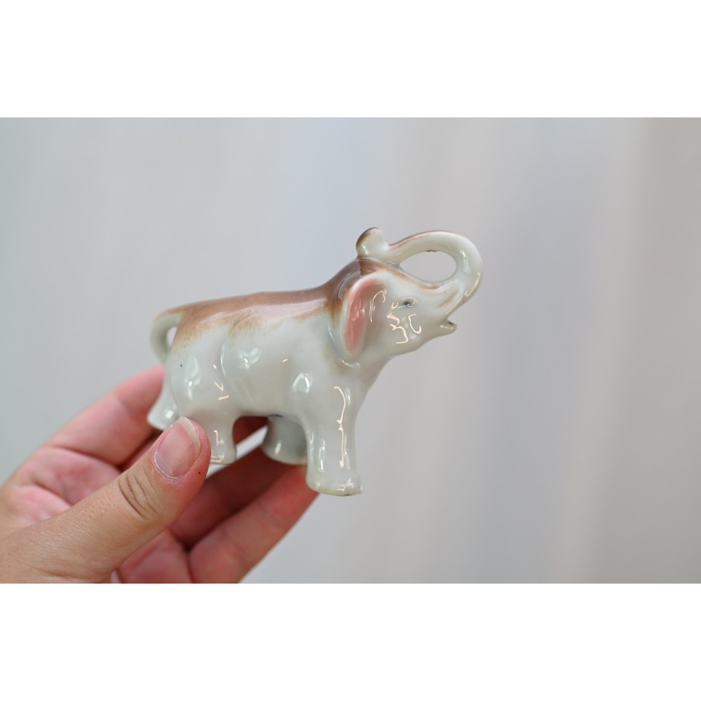 Vintage Ceramic Elephant Figurine 3" Tall Hand Painted Glossy Japan Stamp White